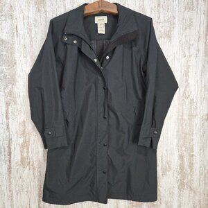 LL Bean Rain Jacket Size Medium Zipper Button Front Black Light Trench Coat